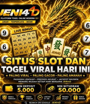 JENI4D Situs Slot dan Togel Viral Hari Ini dengan Naga Mahjong 2026 Poster JENI4D situs slot dan togel viral hari ini dengan naga Mahjong emas, live bingo, desain premium hitam emas, platform online modern, bonus menarik, dan tampilan digital tahun 2026.